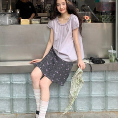Bxoxo Vintage Floral Skirt Women Japanese Style Elegant Sweet Mid Skirt Black Harajuku Y2k Fashion Short Skirts Aesthetics