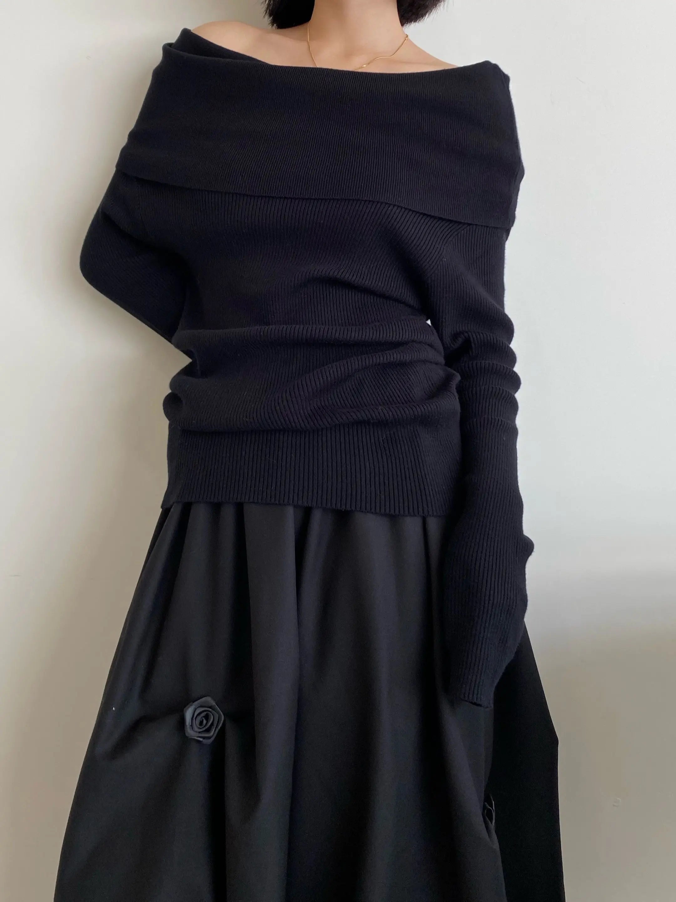Bxoxo Spring Autumn Off Shoulder Women Sweaters Elegant Vintage Knitted Solid Jumper High Stretch Top  C-038