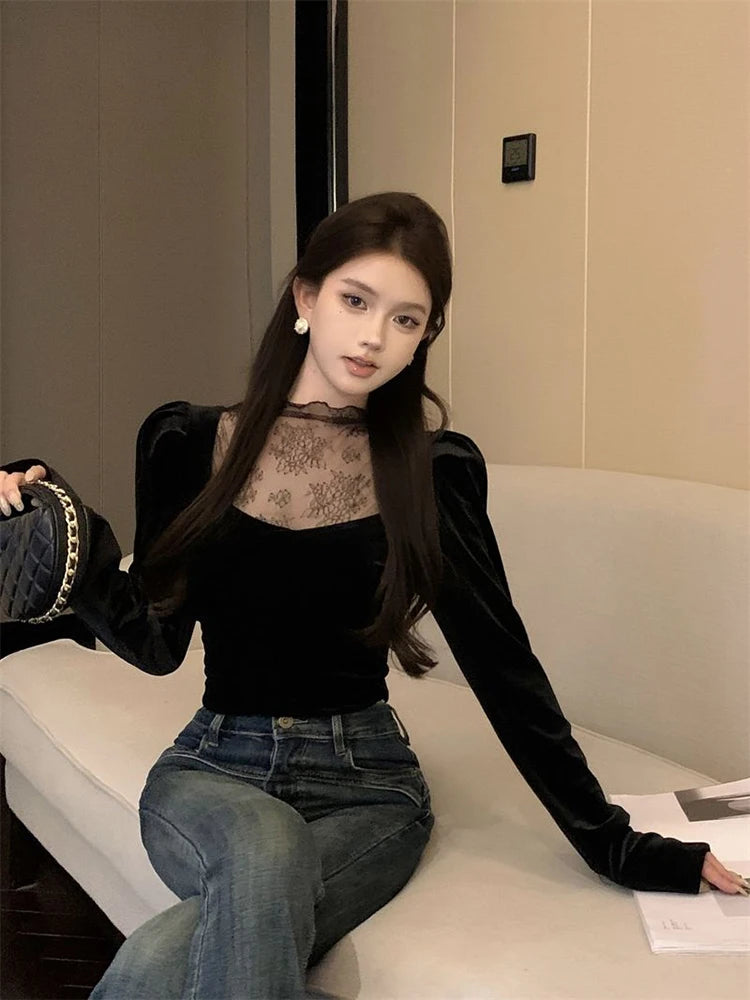 Bxoxo Lace Patchwork Women T Shirt Autumn Sweet Puff Sleeve Slim Crop Tops Female Half Turtleneck Splicing Casual Bottoming Tees