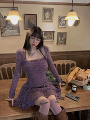 Bxoxo Gothic Black Lace Dress Women Y2K Fall Vintage Elegant Square Collar Purple Mini Dress Streetwear Sexy Slim Party Vestidos New