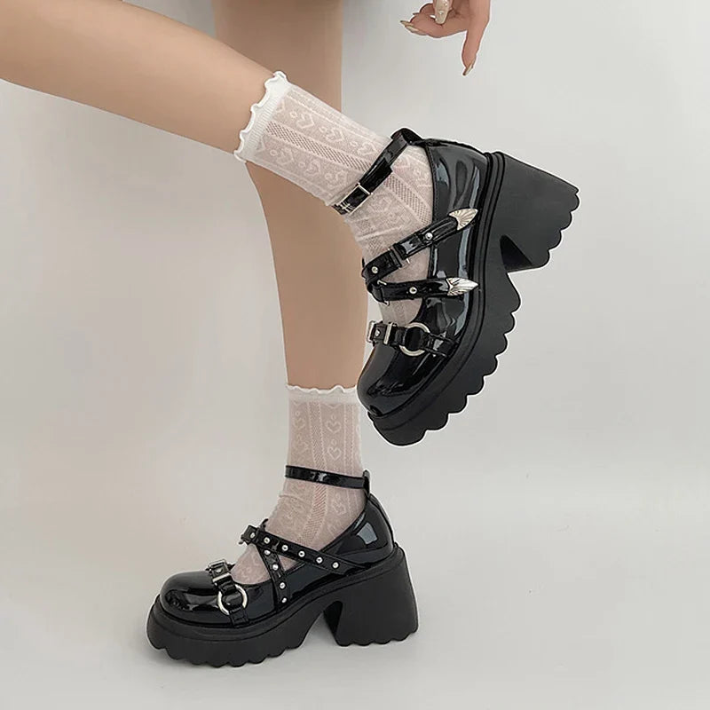 BXOXO Punk Gothic Chunky Platform Pumps for Women Ankle Strap Thick Heeled Mary Jane Shoes Woman Y2K Metal Rivets Lolita Cosplay Shoes