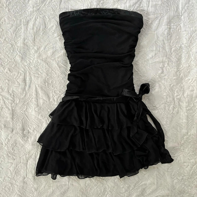 BXOXO Women Tube Top Dress High Fashion Streetwear Casual New Cute Bow Chic Aesthetic Solid Color Y2K Emo Girls Summer New Slim Dress