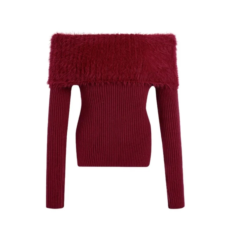 Bxoxo Off-shoulder Tops Cherry Red Fuzzy Knit Side Slits Long Sleeve Off The Shoulder Sweater Autumn Winter Christmas Festival Outfit