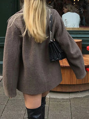BXOXO Elegant Brown Woolen Coats Women Thick Lapel Single Breasted Pocket Jackets 2024 Autumn Winter Lady Long Sleeve Loose Outwear