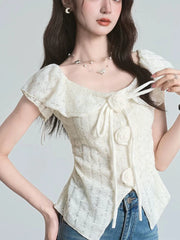 BXOXO 3D Floral Ruffles Sweet T Shirt Women Slim Sexy Cropped Short Sleeve Chic Tees Tops Korean Fashion Elegant Female T Shirts