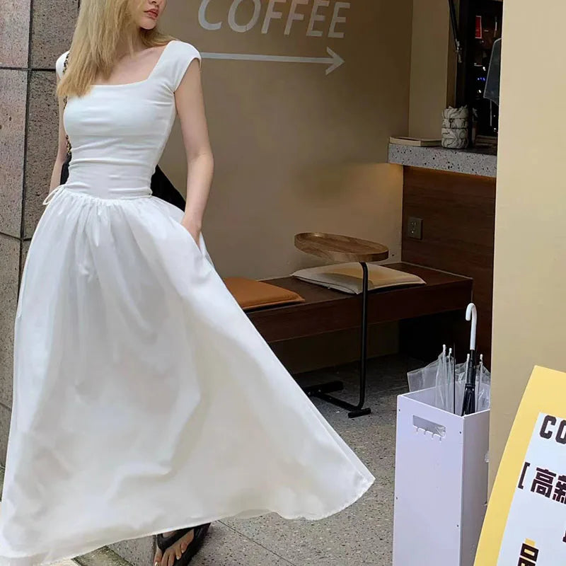Bxoxo Elegant Stitching Dress Female Korean Chic Square Collar Short Sleeve Beach Party Dress Ladies High Waist All-Match A Line Dress