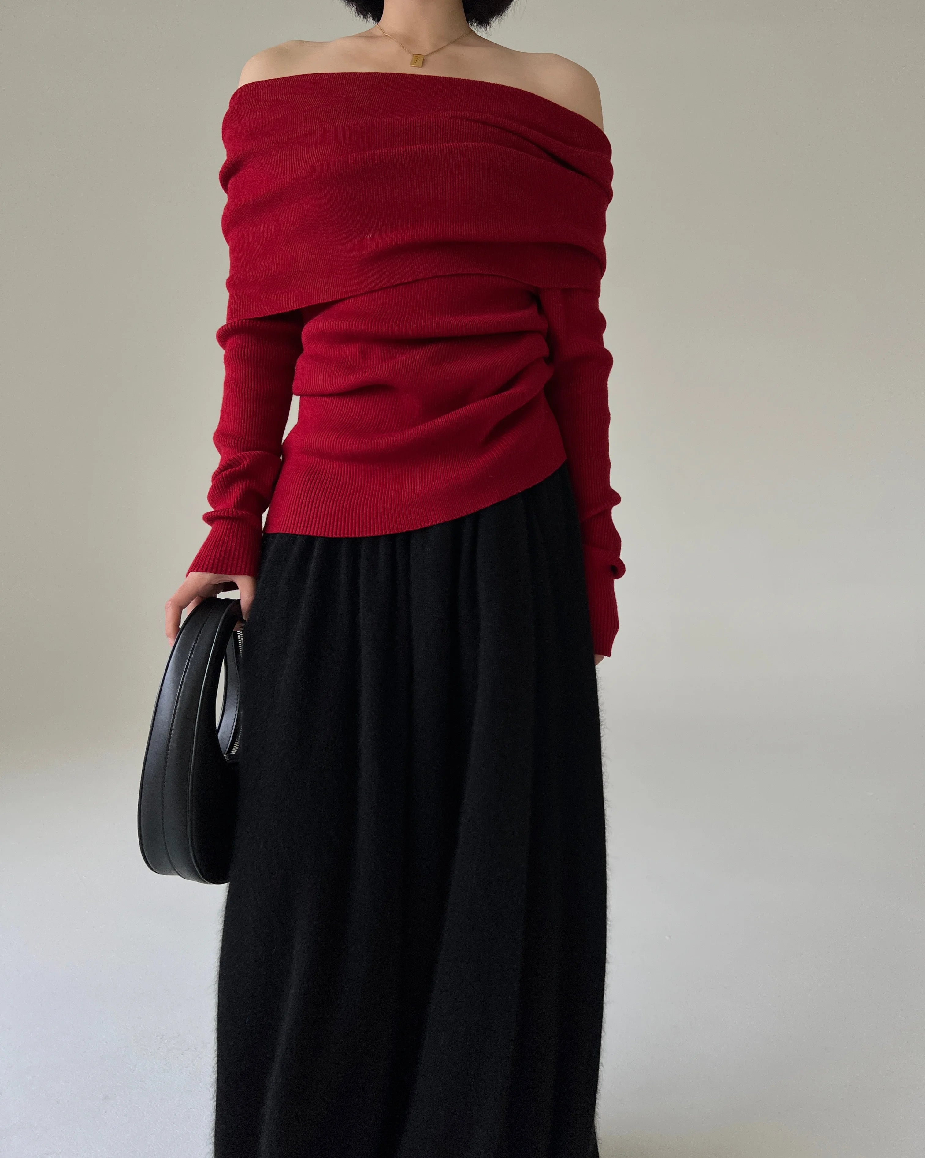 Bxoxo Spring Autumn Off Shoulder Women Sweaters Elegant Vintage Knitted Solid Jumper High Stretch Top  C-038