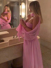 BXOXO  Scarf Collar Backless Sexy Maxi Dress For Women Gown Pink Strapless Off-shoulder Backless Mesh Long Dress Vestido