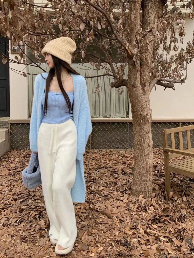 Bxoxo New Imitation Mink Coat Slimming Autumn And Winter Loose Fitting Long Sweater Thickened Lazy Knitted Cardigan Jacket White