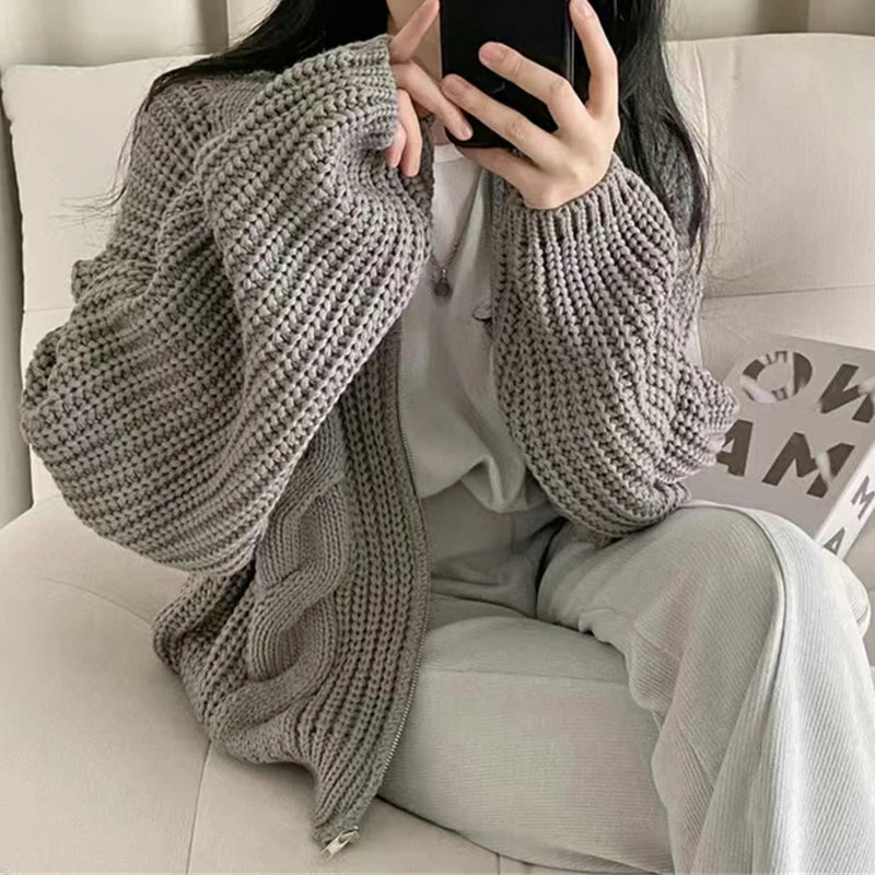 BXOXO Women Zipper Rib Loose Cardigan Coat Lantern Sleeve Knit Warm Sweater Coat Solid Casual Office Jacket Women Fall Winter