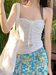 BXOXO Fashion Elegant Chic Shirring Slim Fit Solid Straps Blouses Summer Korean Style Sweet All-Match Straps Tops