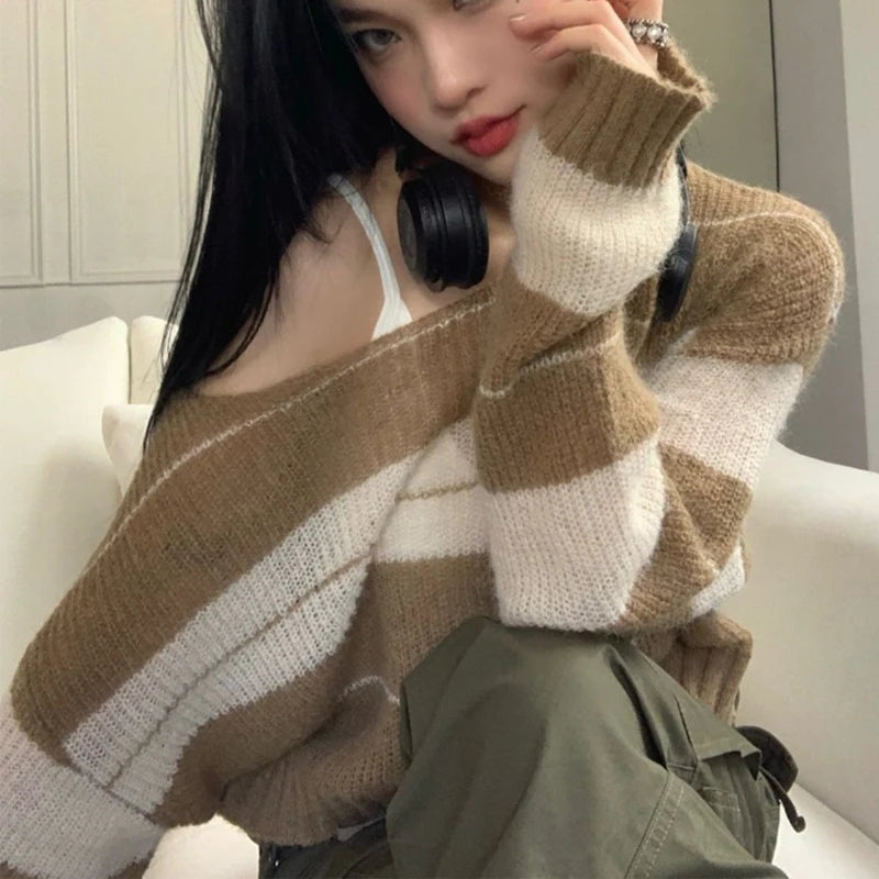 Bxoxo Women's Trendy Contrast Color Striped Chic Sexy Crop Tops Y2K Streetwear Female O Neck Long Sleeve Slim Pullover Knitted Sweater