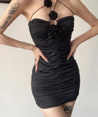 BXOXO Black Mysterious Sexy Mature Party Intellectual Feminine Rose Decorative Folds Charming Tight Women's Tube Top Dress