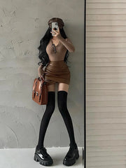 BXOXO Spicy Girl Sexy High Waist Slim A-LINE Wrinkle Wrapped Hip PU Leather Skirt Short Skirt Sweet Korean Women