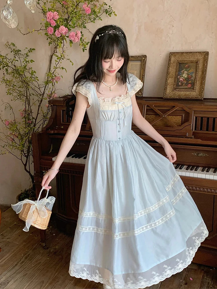 BXOXO Elegant Blue Long Dress Women Sweet Lace Patchwork Vintage Dress High Quality Casual Flying Sleeve Bow Lady Retro Vestidos