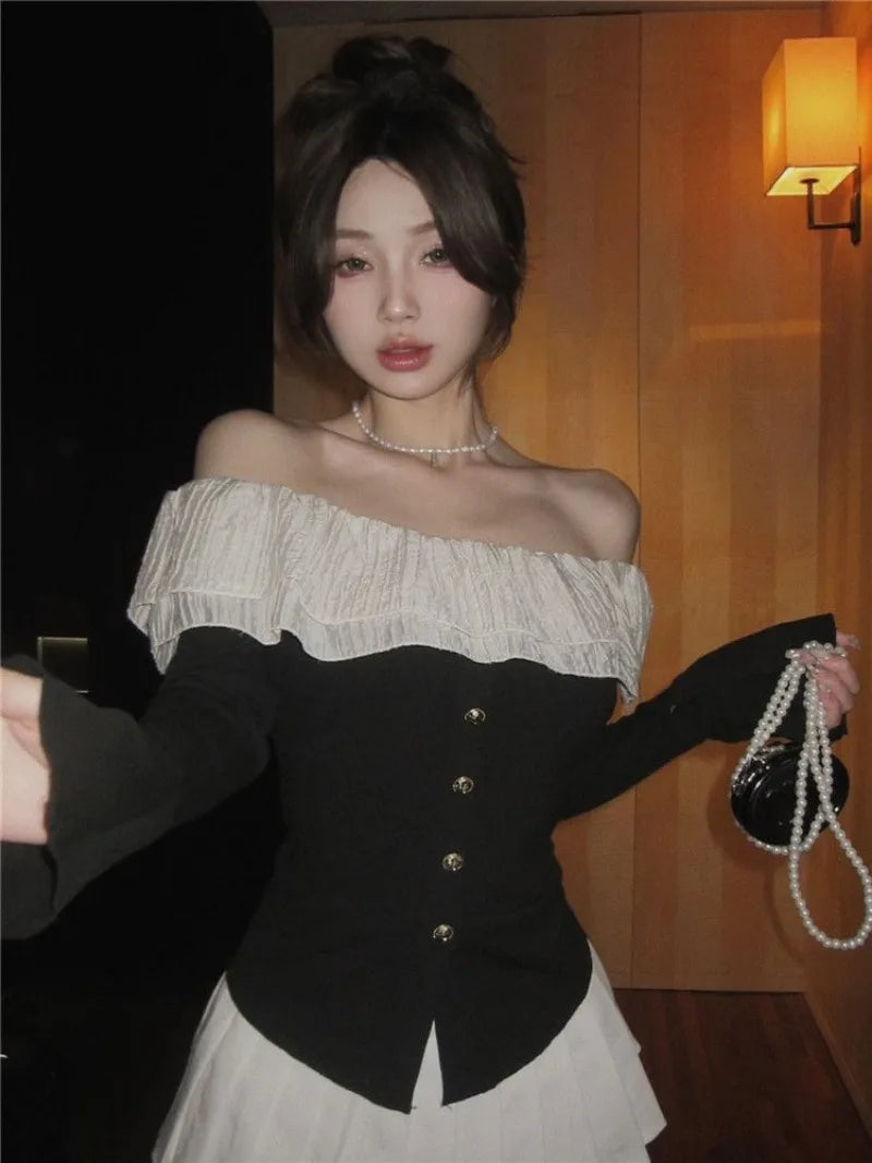 Bxoxo Women Clothing Sweet Slim Fit Flare Sleeves Top Off Shoulder Lotus Leaf Edge Black Knit T-shirt Crop  Ropa De Mujer Graphic
