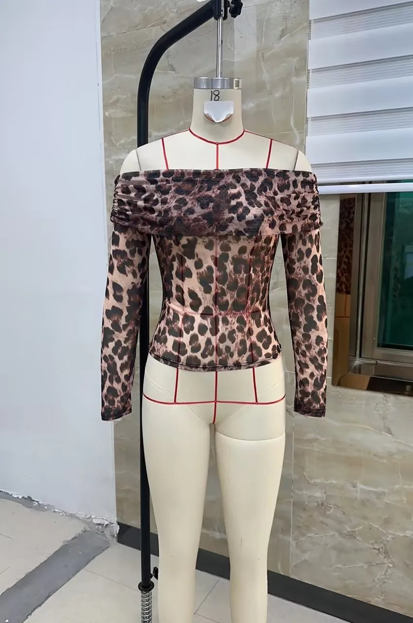 BXOXO Elegant Women’s Off Shoulder Mesh Tops See Through Long Sleeve Leopard Print Slim Fit T-Shirts Ruched Blouses Streetwear