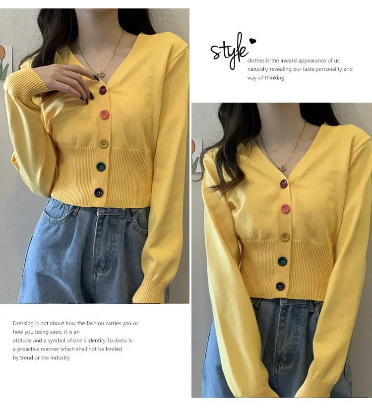 Bxoxo Autumn and Winter Little Fresh Colorful Buttons Younger Slim-Fit Slimming V-Collar Cardigan Long-Sleeved Sweater Top for Women