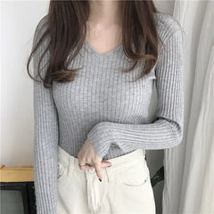 BXOXO Women V-Neck Slim Sexy Sweater Knit Long Sleeve Solid Bottoming Sweater Casual Pullovers For Women Autumn Winter