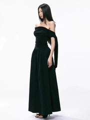 Bxoxo Elegant Hepburn Style Slash Neck Women Midi Dress Y2K Sexy One Shoulder Sleeveless Black Dress Summer Evening Party Vestidos