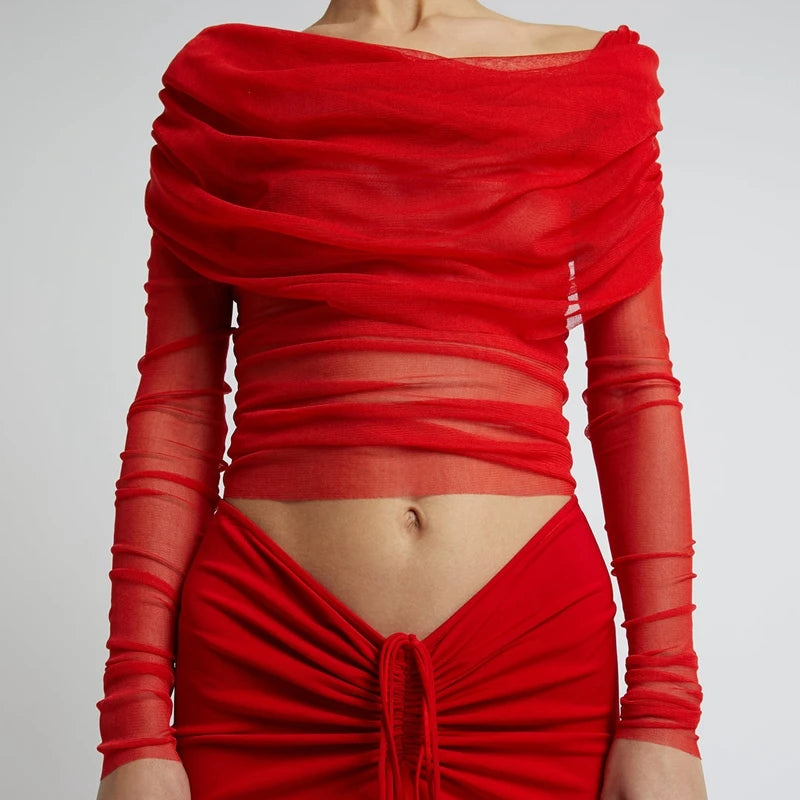 Bxoxo Multi-wear Mesh Sheer Crop Tops Korean Elegant Off the Shoulder T-shirt Chic Women Long Sleeves Slim Fit Cover-Ups Tees