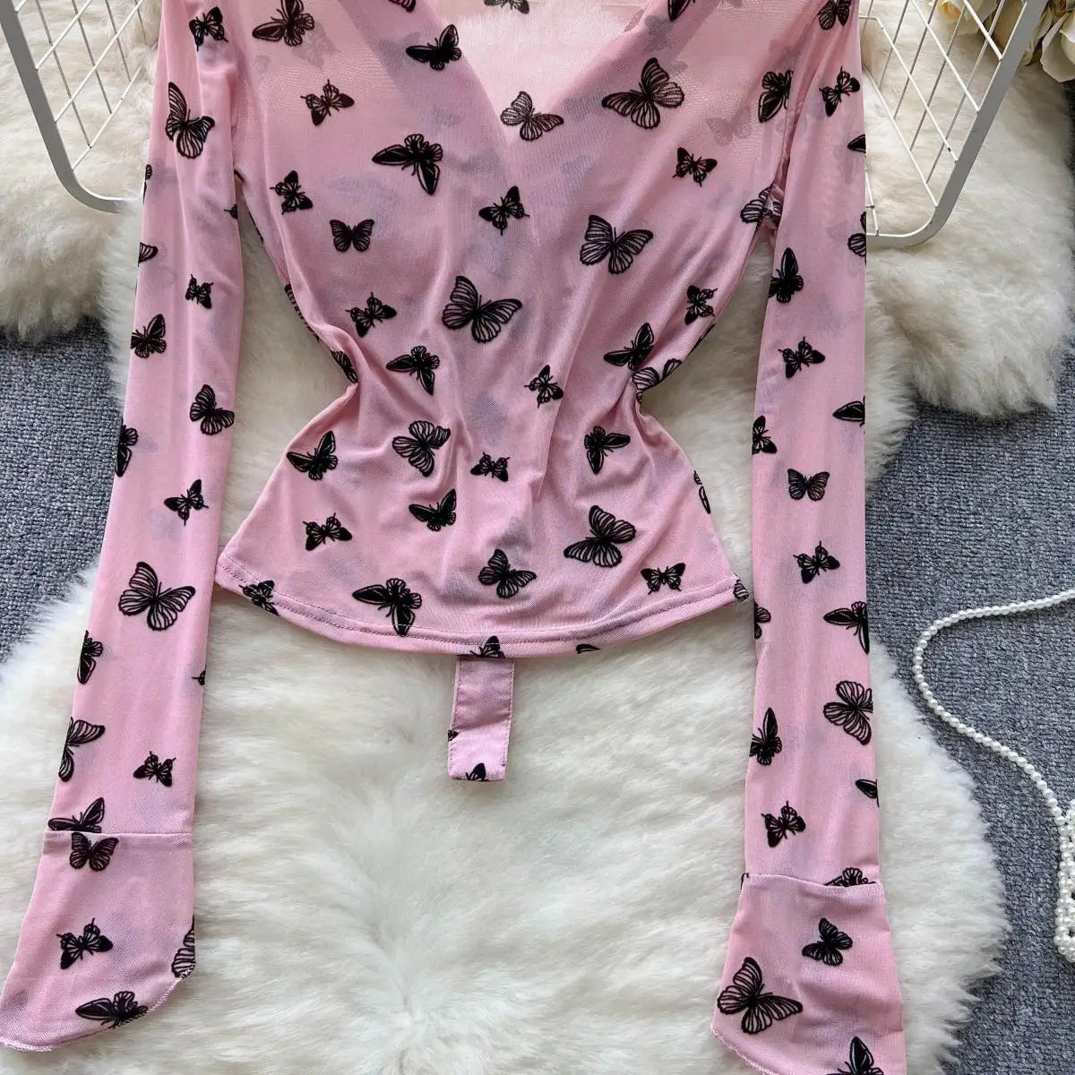 Bxoxo Butterfly Print Blouse Summer Long Sleeve V Neck Y2K 2024 Slim Vacation Ladies High Street Fashion Casual Shirt