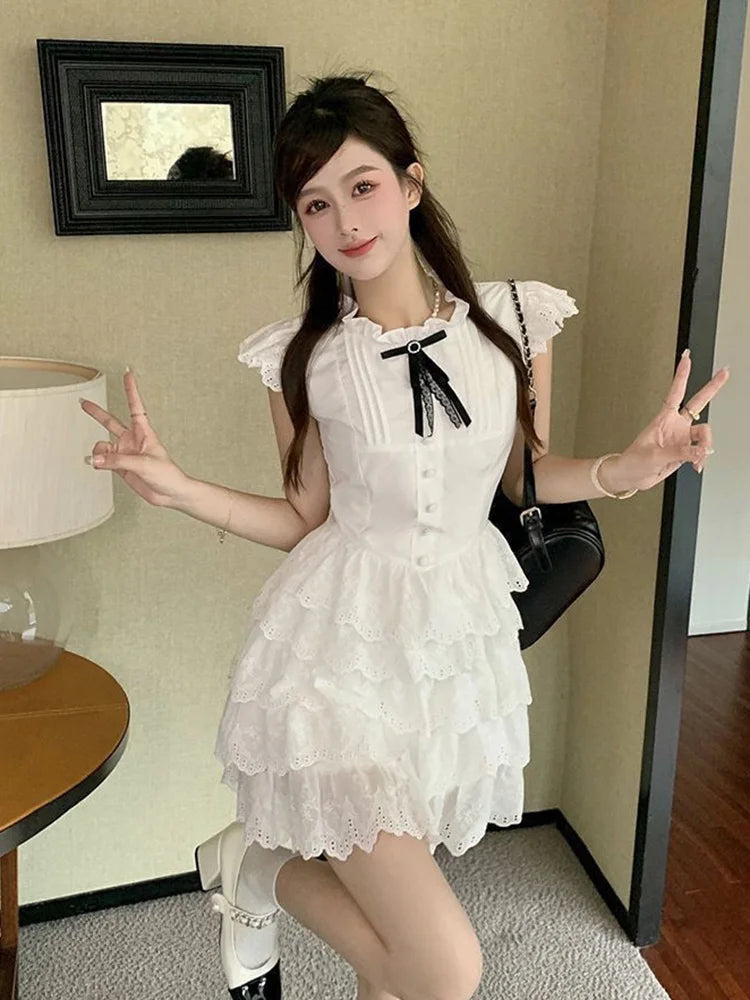 BXOXO Sweet Chic Bow White Dress Women Slim Fashion Flying Sleeve Cute Mini Dress Casual O Neck Female Elegant Lace A Line Dress