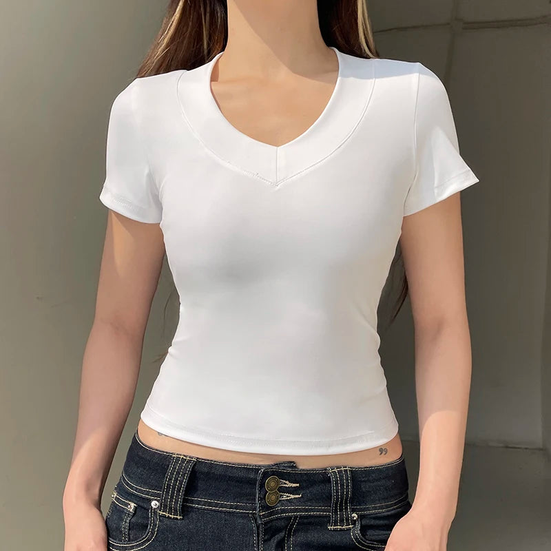 BXOXO Solid V-neck Skinny Cropped Top Summer Basic Short Sleeve Slim-fitting T-shirts Women y2k Aesthetic Tee Casual Streetwear