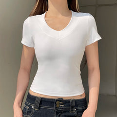 BXOXO Solid V-neck Skinny Cropped Top Summer Basic Short Sleeve Slim-fitting T-shirts Women y2k Aesthetic Tee Casual Streetwear