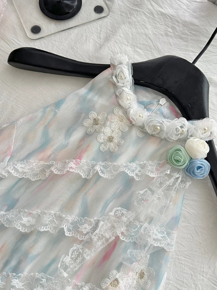BXOXO Summer French Elegant Original Design Mini Dress Women Print Lace 3D Floral Halter Party Dress Casual Chic Pretty Clothing