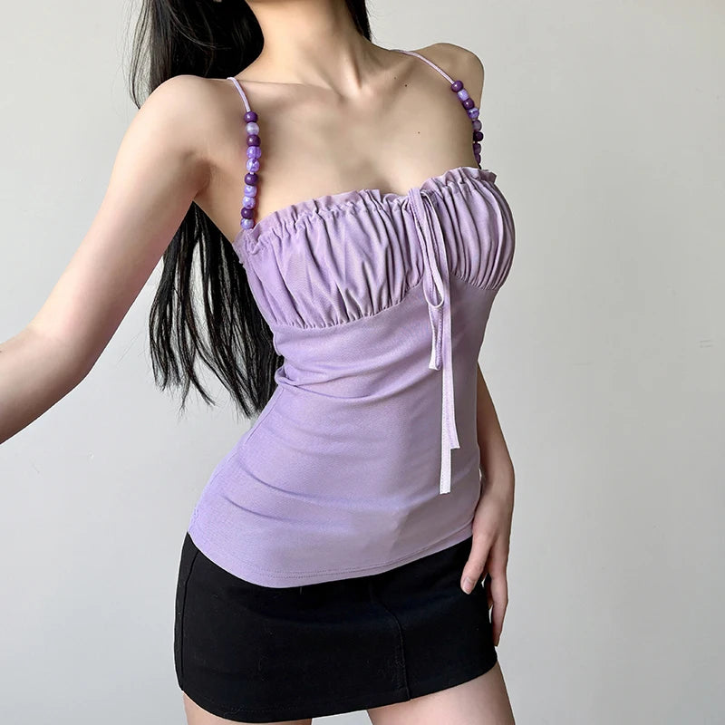 BXOXO Elegant Solid Folds Camis Vintage 2000s Skinny Strap Crop Tops Women Holiday Style Transparent Mesh Tees Ladies y2k Vest