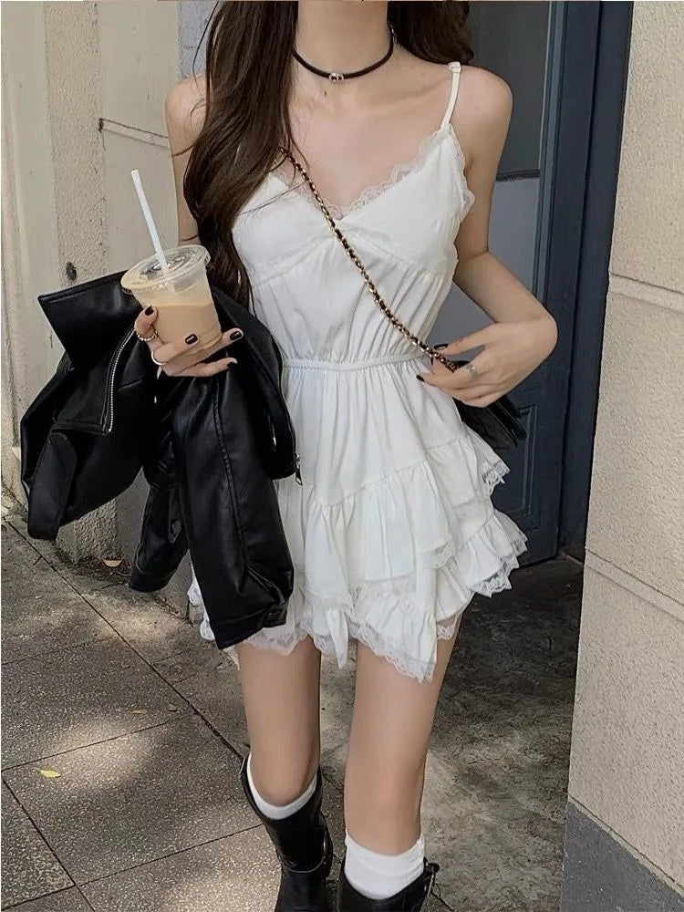 BXOXO Irregular Lace Patchwork Camisole Dresses 2025 Summer New V-neck Dress for Women Y2k E-Girl Slim Waist Ruched Vestidos Mujer