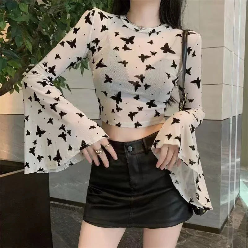 Bxoxo Sexy Mesh See Through Crop T Shirt Women Korean Butterfly Embroidery Lace Bottoming Tops Y2K Fashion Bell Sleeves Black Tees