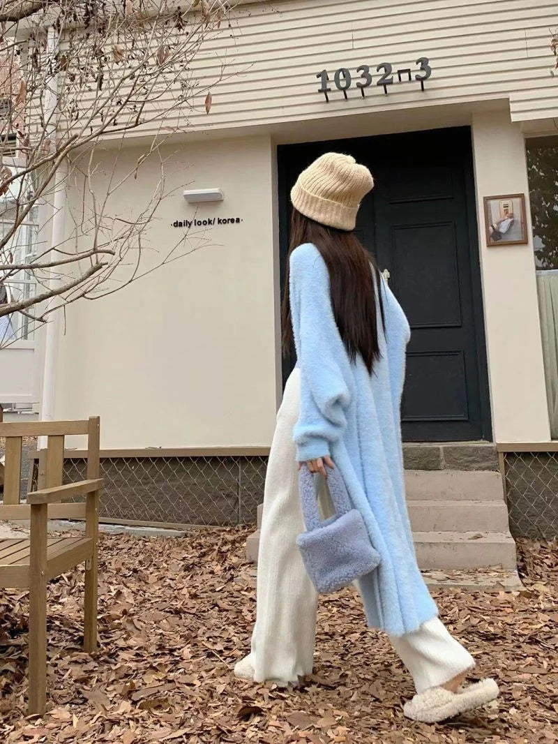 Bxoxo New Imitation Mink Coat Slimming Autumn And Winter Loose Fitting Long Sweater Thickened Lazy Knitted Cardigan Jacket White