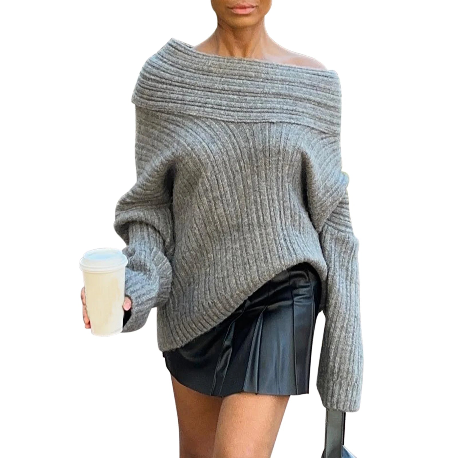 Bxoxo Women y2k Loose Knit Sweater Solid Color Long Sleeve Boat Neck Off Shoulder Pullovers Fall Winter Casual Jumpers Streetwear