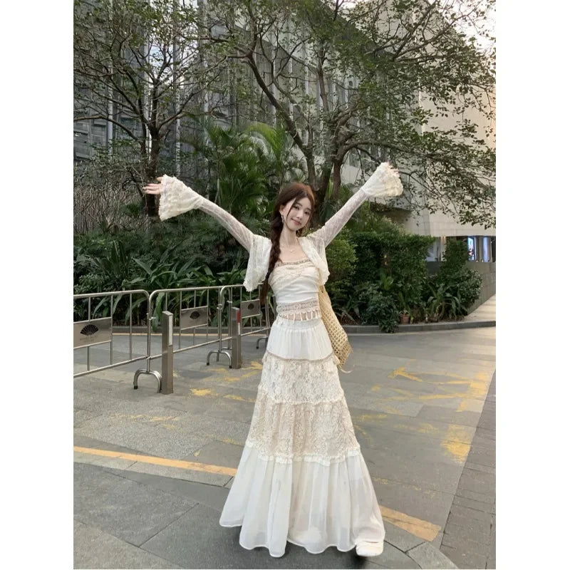 Bxoxo Sweet Style Lace Hollow out Women's Three-Piece Set Cardigan Tube Top Vest Spring Skirt Ensemble Adorable Fashion Ensemble