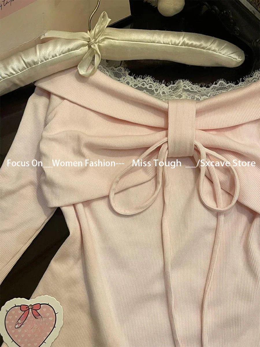 BXOXO Autumn Japanese Sweet Long Sleeve Sweater Women Elegant Chic Bow Off Shoulder Solid Thin Pullover Cute Pretty Skinny Lace Up Top