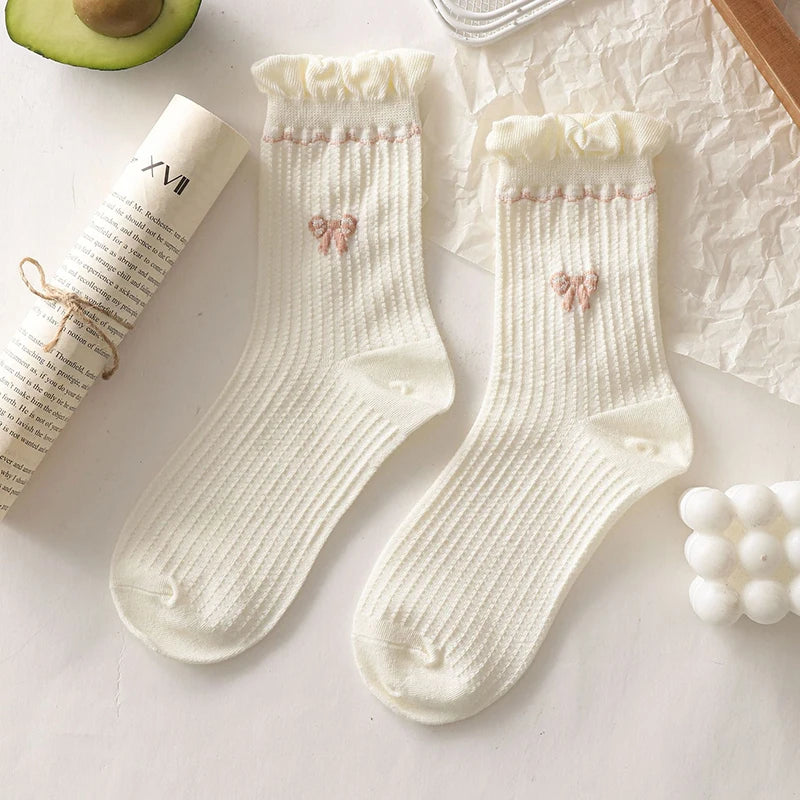 BXOXO Simple White Socks Versatile Lovely Bowknot Small Flowers Women's Medium Tube Socks kawaii Harajuku jk Lolita Girls Cotton Socks