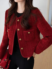 Bxoxo Wine Red Women's Jackets Autumn and Winter New  Metal Buckle Short Women Coat Korean Fashion Slim Elegant Tweed Jackets