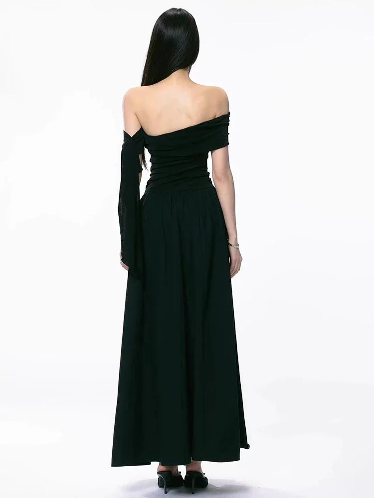 Bxoxo Elegant Hepburn Style Slash Neck Women Midi Dress Y2K Sexy One Shoulder Sleeveless Black Dress Summer Evening Party Vestidos