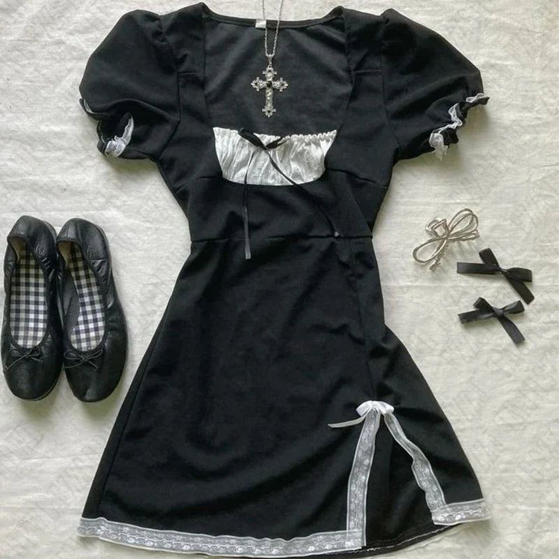 BXOXO Goth Aesthetics Punk Hip Hop Rock Harajuku Y2K Women's Dress Sexy Slim Chic Lace Bow Square Neck Casual Clothes Retro Streetwear