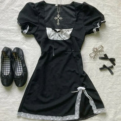 BXOXO Goth Aesthetics Punk Hip Hop Rock Harajuku Y2K Women's Dress Sexy Slim Chic Lace Bow Square Neck Casual Clothes Retro Streetwear