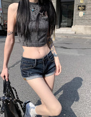BXOXO Women's Low Rise Elastic Tight Curled Denim Shorts Summer New Hot Girl Street Casual Hip Wrap Sexy Mini Shorts Female