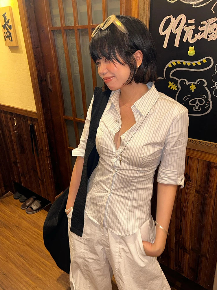 BXOXO Korean Style Casual Shirt Women Three Quarter Striped Shirts 2000s Japanese Y2k Vintage Tops Slim Retro Shirts Summer
