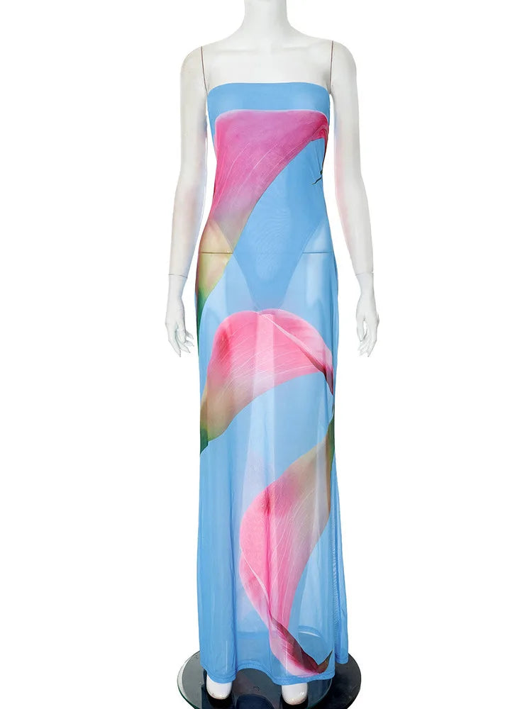 BXOXO Floral Print Strapless Sexy Maxi Dress For Women Gown Patchwork Off-shoulder Backless Sleeveless Print Long Dress