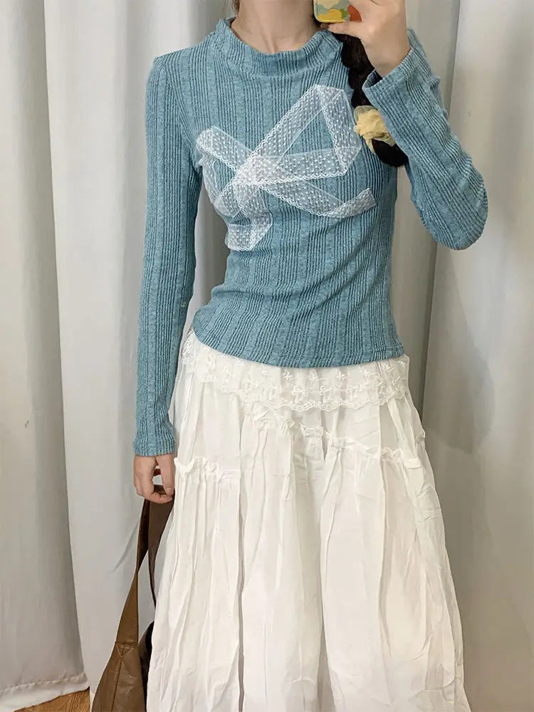 BXOXO Korean Style Y2k Knitted Pullover Women Bow Lace Long Sleeve Sweaters Harajuku Vintage Patchwork Knitwear Pullovers