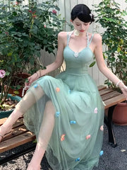 Bxoxo Women's Fairy Spaghetti Strap Midi Dresses Elegant French Mesh 3D Floral Sexy Halther Lace-up Vestidos Beach Holiday Chic New
