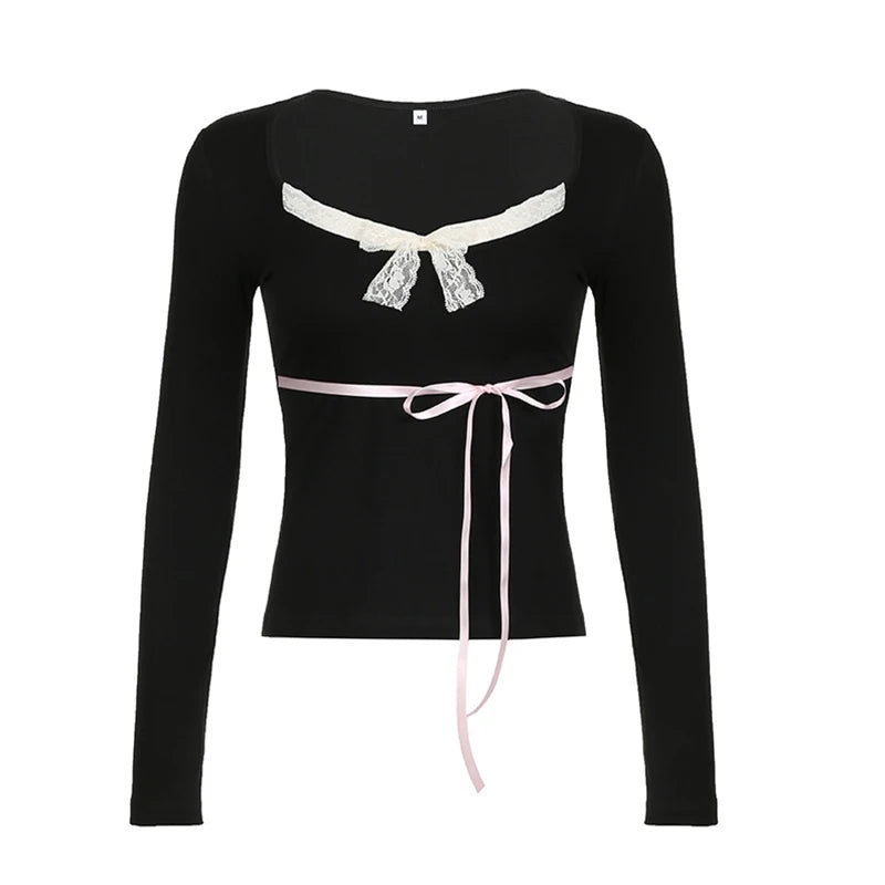 Bxoxo Fairy Grunge Top y2k Women Clothes Lace Trim V Neck Long Sleeve T Shirt with Bow Coquette Clothing 2000s Streetwear