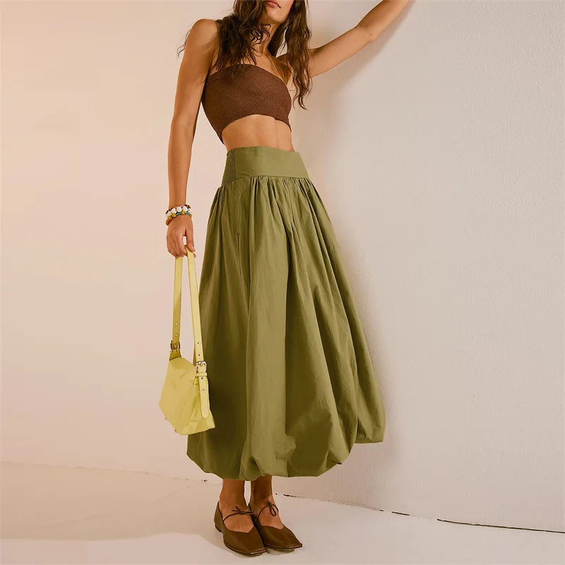 Bxoxo Skirts y2k Women Summer Elegant Solid Color High Waist Loose Fitting Long Bubble Skirt Office Ladies Skirts Streetwear