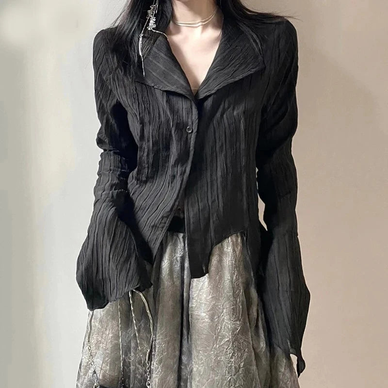 Bxoxo Gothic Women Black Shirts Korean Female Designed Irregular Tops Dark Academic Spring Fashion Streetwear Y2K Blouse New